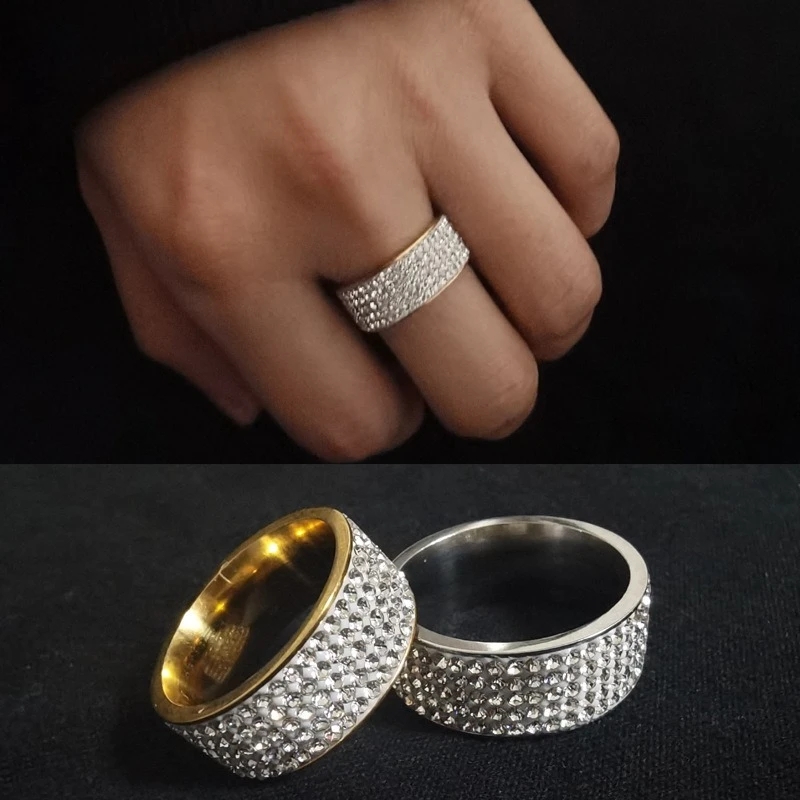 curiq MALL 8mm Wide Five Rows Full Rhinestone Shiny Rings Stainless Steel Gold Sier Color Ring For Women Men Hiphop Fashion Party Jewelry Rings
