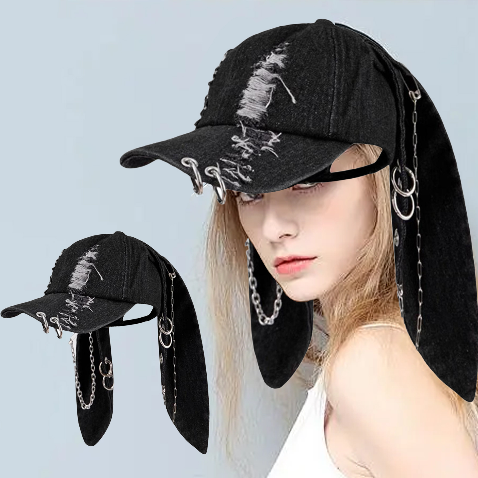 Phoenix B2C Comfortable Baseball Cap Distressed Denim Baseball Hat Dark Punk Style Denim Baseball Hat with 3d Bunny Ears and Metal Rings Trendy Streetwear Accessory