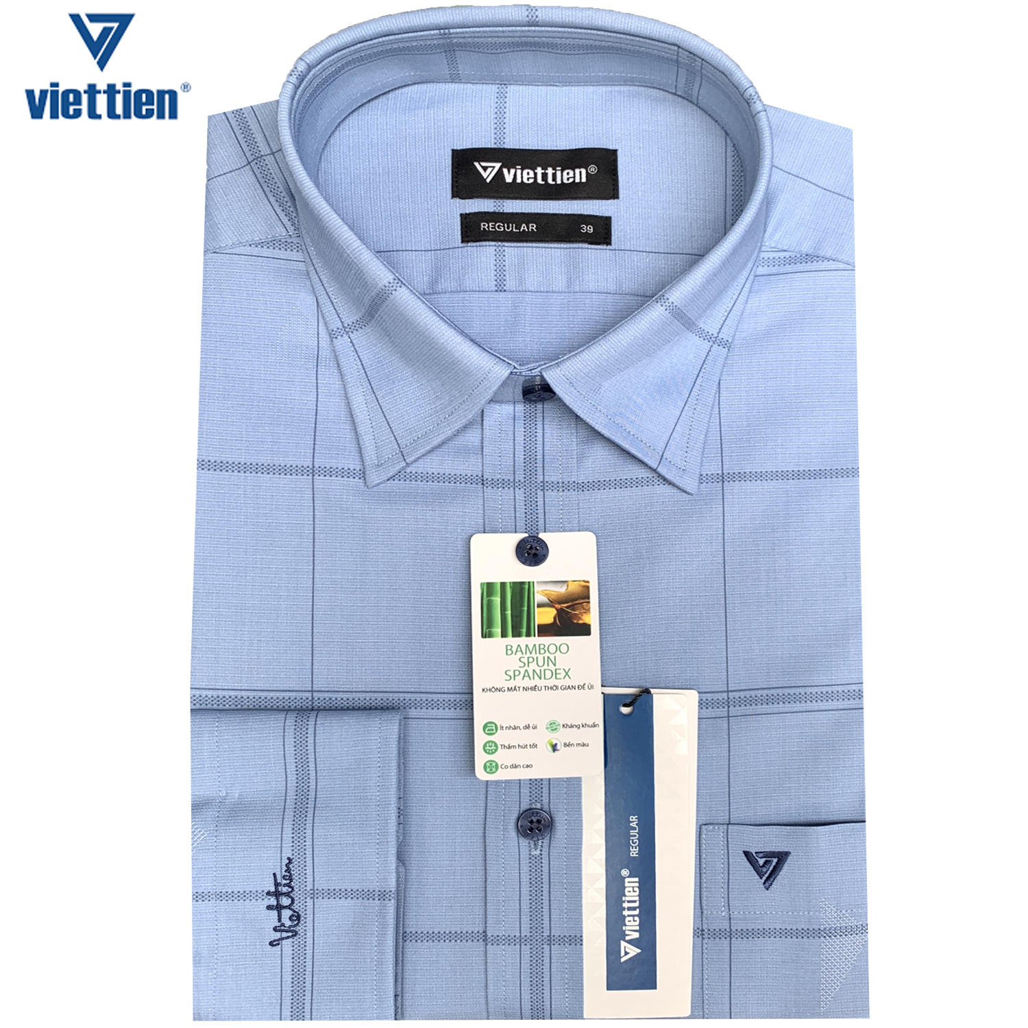Viettien - Áo sơ mi nam dài tay sọc Caro vạt bầu 1S1857 vải sợi tre cao cấp phom Regular