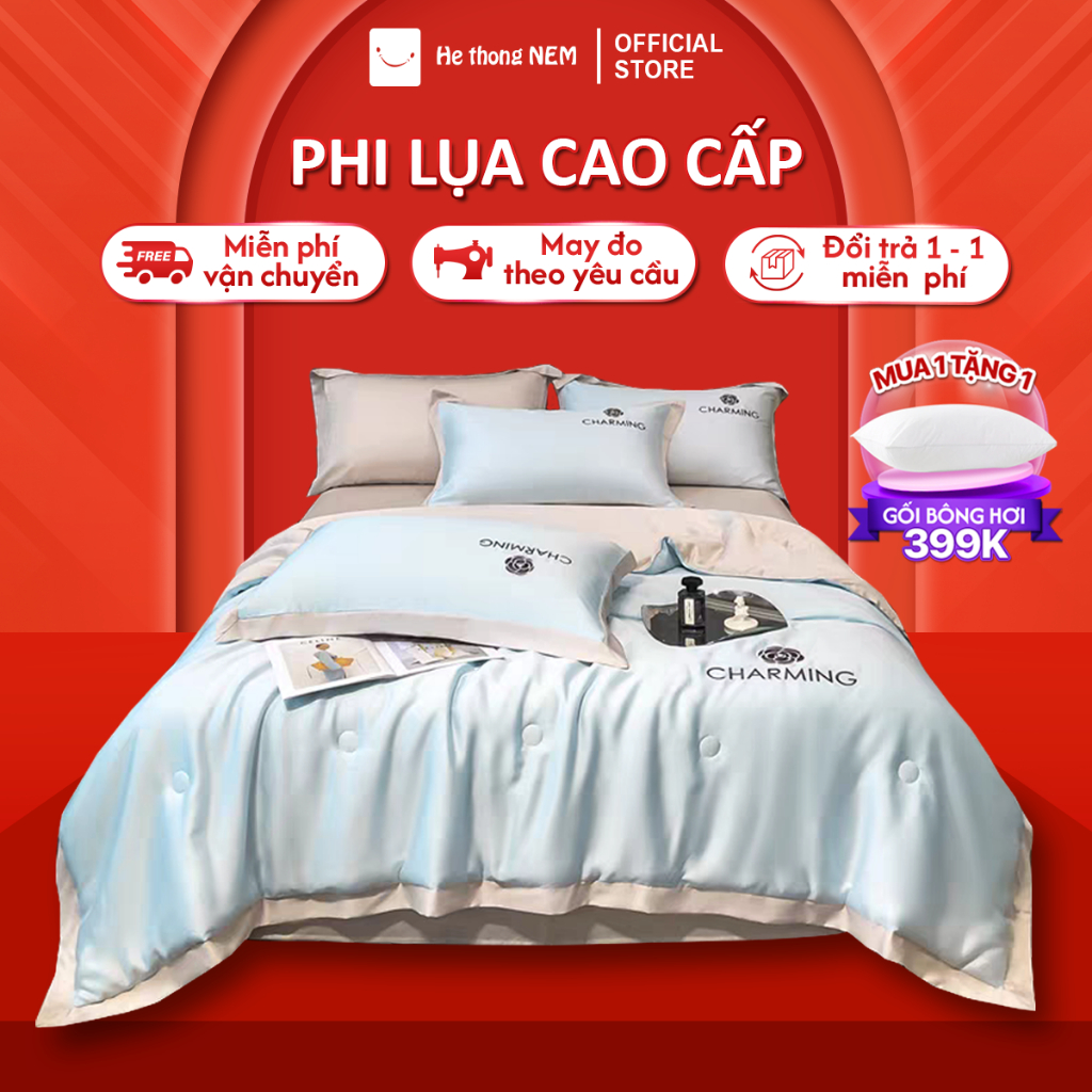 Bộ drap giường lụa Hệ Thống Nệm cao cấp bộ set chăn ga drap grap phủ trải giường gối nệm đệm 5 món lụa thái mùa hè cao cấp