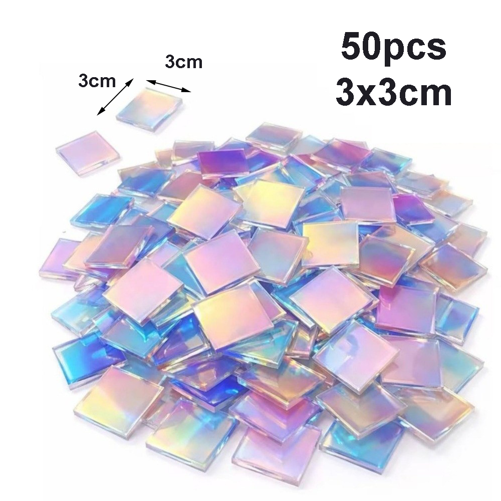 CBT 50pcs Acrylic Iridescent Mosaic Tiles Rainbow Dual Tone Surface Resin Jewelry Making Iridescent Finish Holographic Mosaic Pieces Mosaic Art