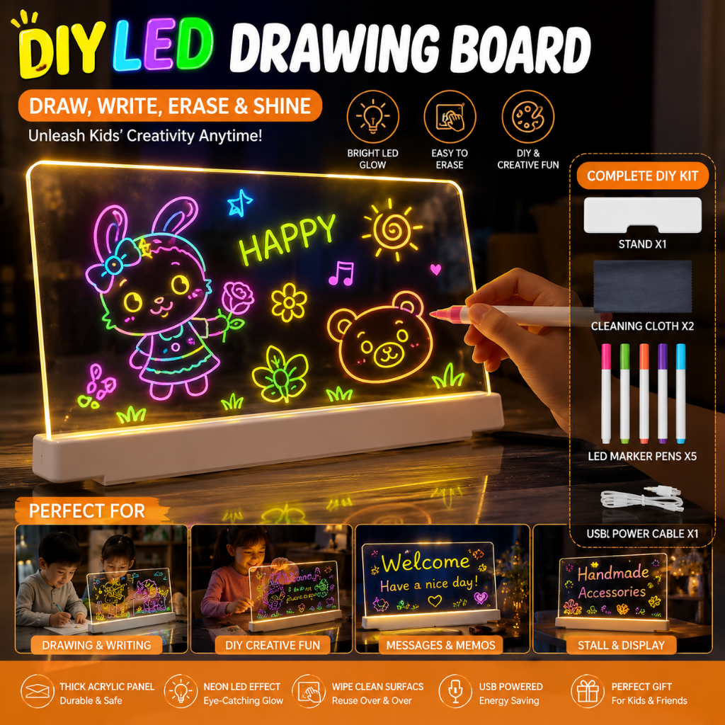 LED Light Up Drawing Board for Kids DIY Acrylic Message Board Erasable Writing Board with Color Pens