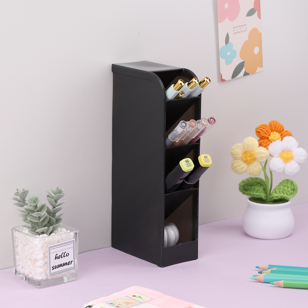 1pc Multi functional plastic office storage desk organizer with oblique insertion pen holder rectangular stand up pen holder