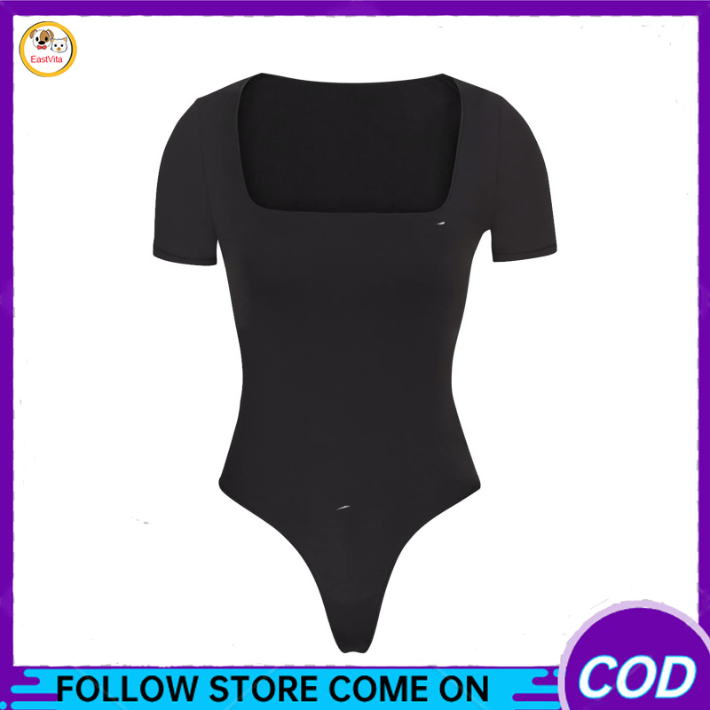 Women Short Sleeves Bodysuit Square Neck Slim Fit Romper Simple Elegant Solid Color Jumpsuit For Gifts