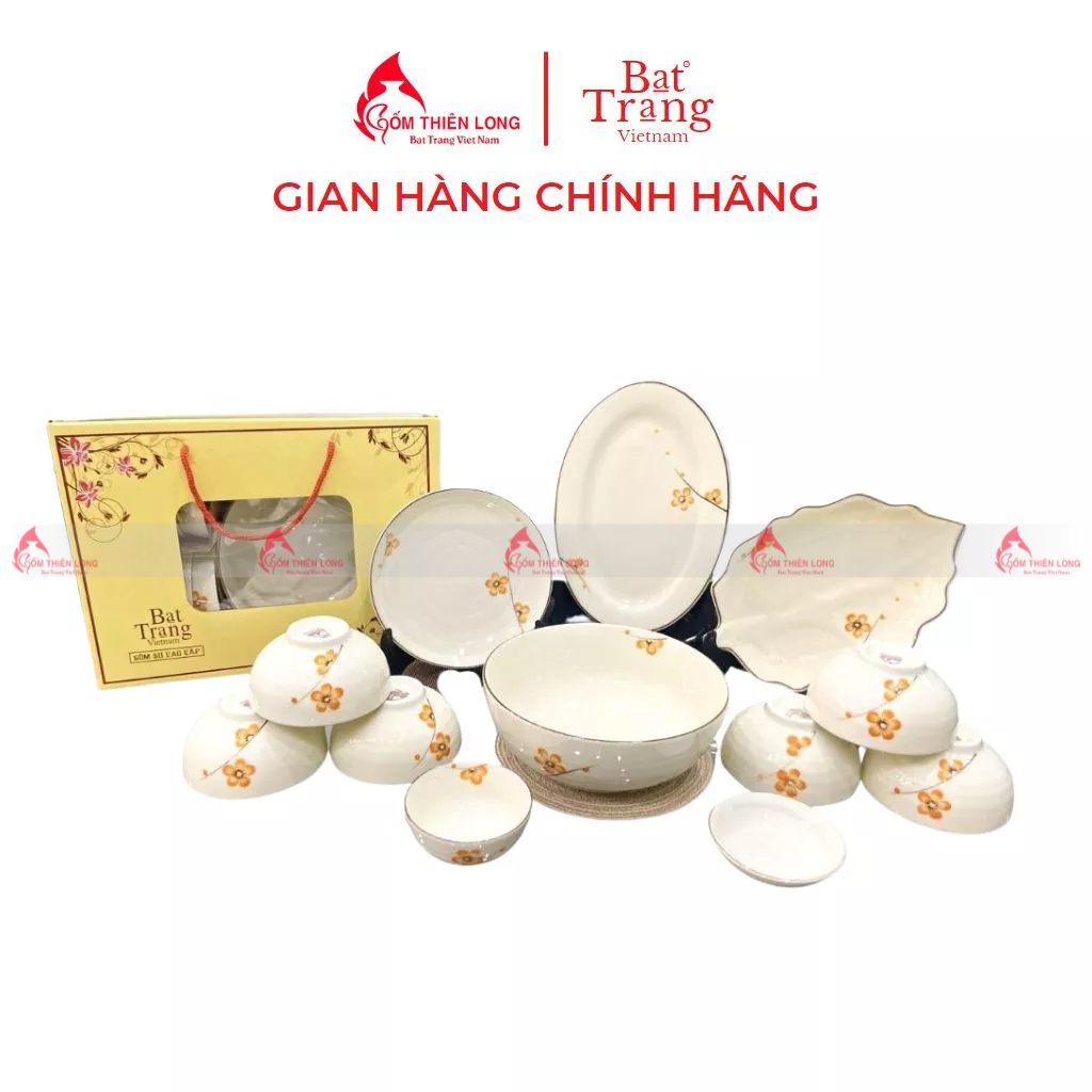 Bộ bát đĩa quà tặng vẽ mai vàng gốm sứ Bát Tràng chính hãng Gốm Thiên Long 686201