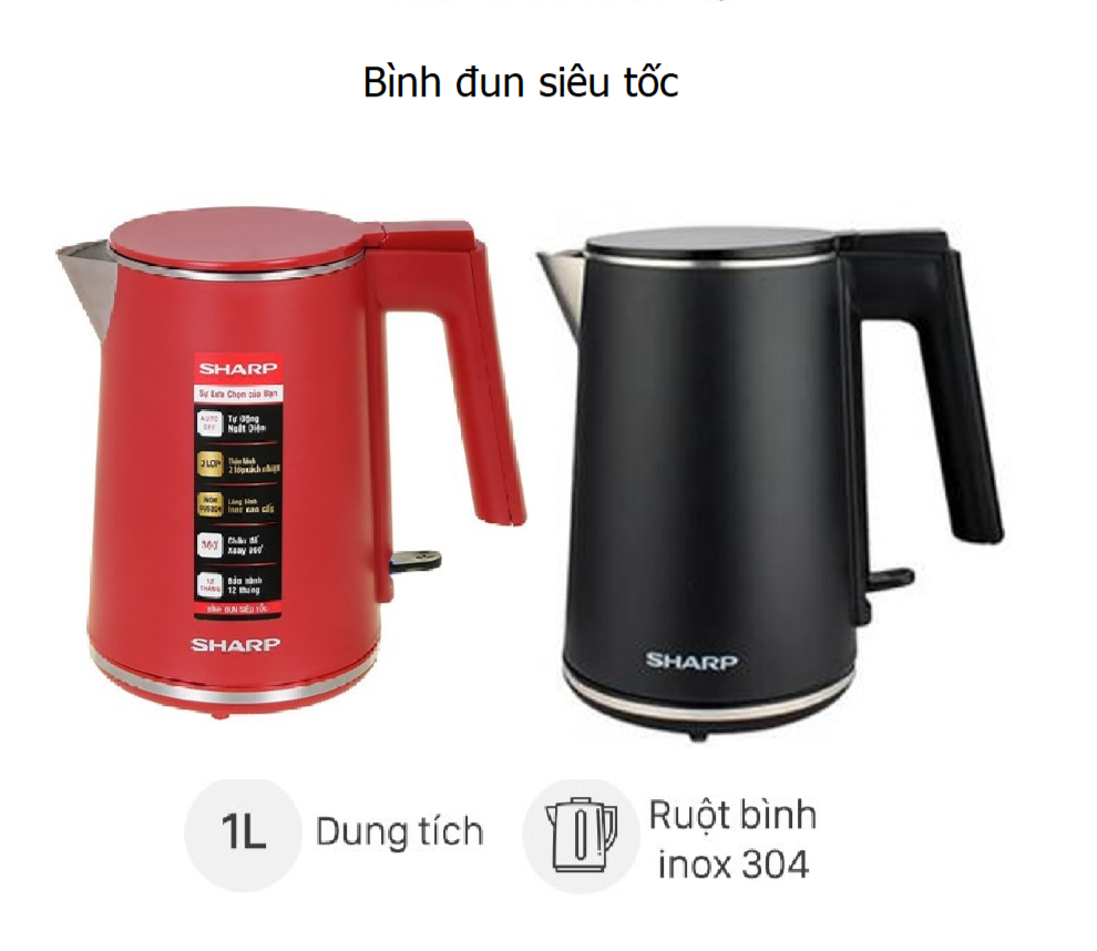 Bình đun siêu tốc sharp ekj-10dvps -rd/bk inox 304, dung tích 1lit- bảo hành 12 tháng