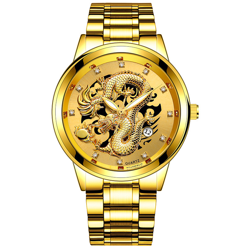 Popular Business Men's Watch Steel Band Diamond Embossed Dragon Watch Calendar Quartz Watch Non-Mechanical Watch