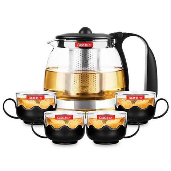 Bộ ấm chén pha trà, cafe thủy tinh có lưới lọc, 5 chi tiết, 1 bình kèm 4 ly