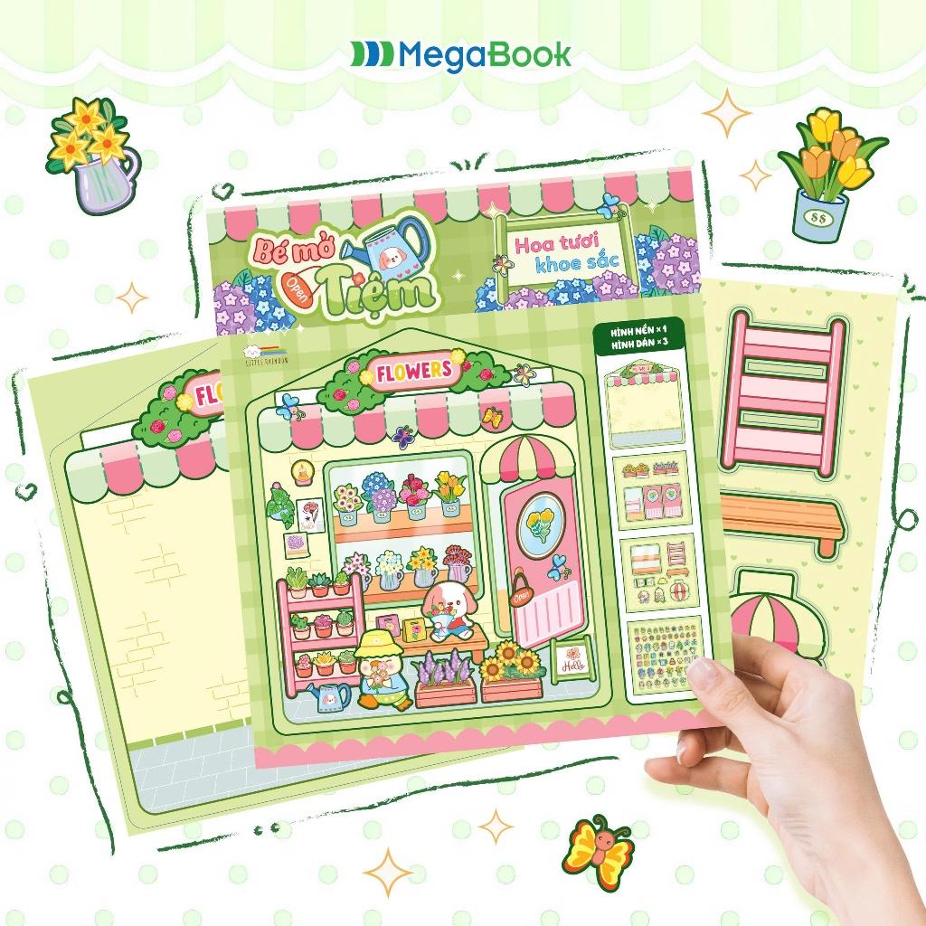 Sách Bé mở tiệm - Hoa tươi khoe sắc (Đồ chơi bóc dán 90+ Sticker cho bé)