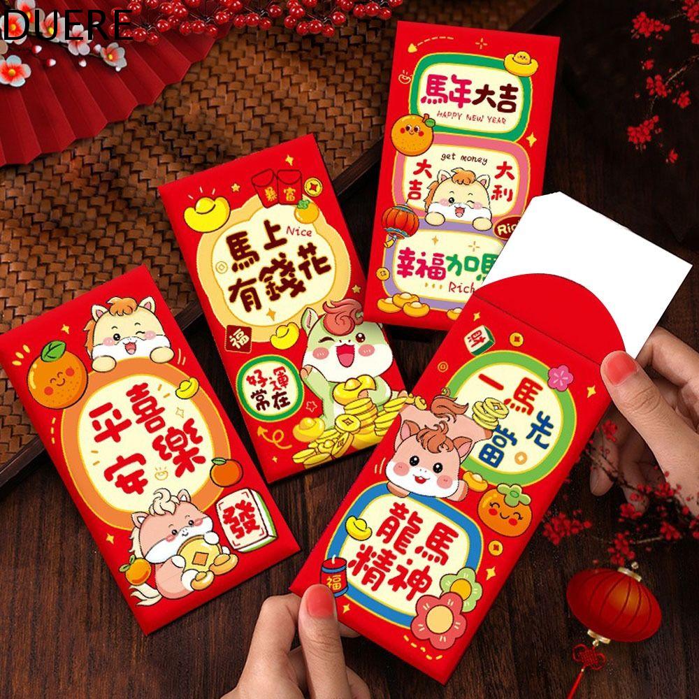 DUERE 6pcs Mẫu hoạt hình Phong bì đỏ năm ngựa 2026 Dập vàng Truyền thống Túi đỏ may mắn Túi quà Những lời chúc tốt đẹp nhất Phong bì tiền Tết Nguyên Đán