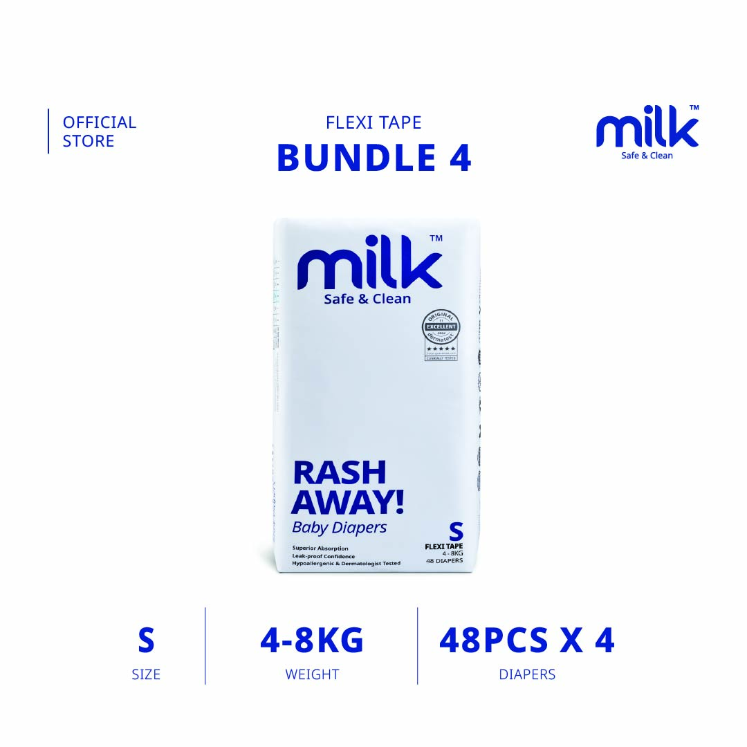 [BUNDLE] MILK Baby Diaper Flexi Tape NB88 S192 M168 L144 XL120 (4 packs)