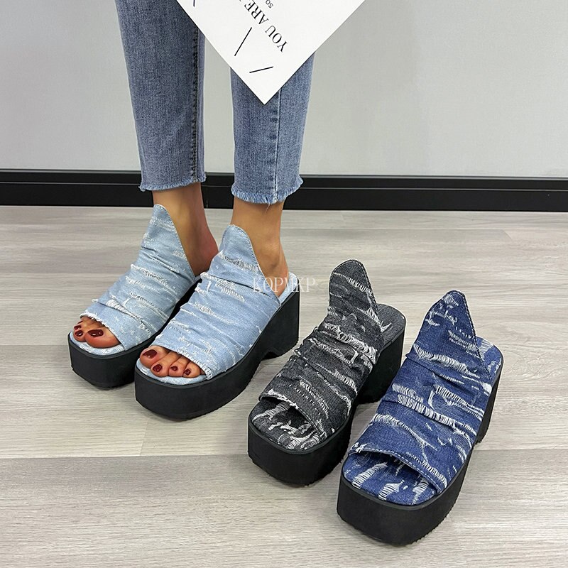 Women Denim Women's Espadrilles Mules Slipper Sandals 2023 Slip on Platform Leisure Summer Wedges High Heels Women Shoes 36-43