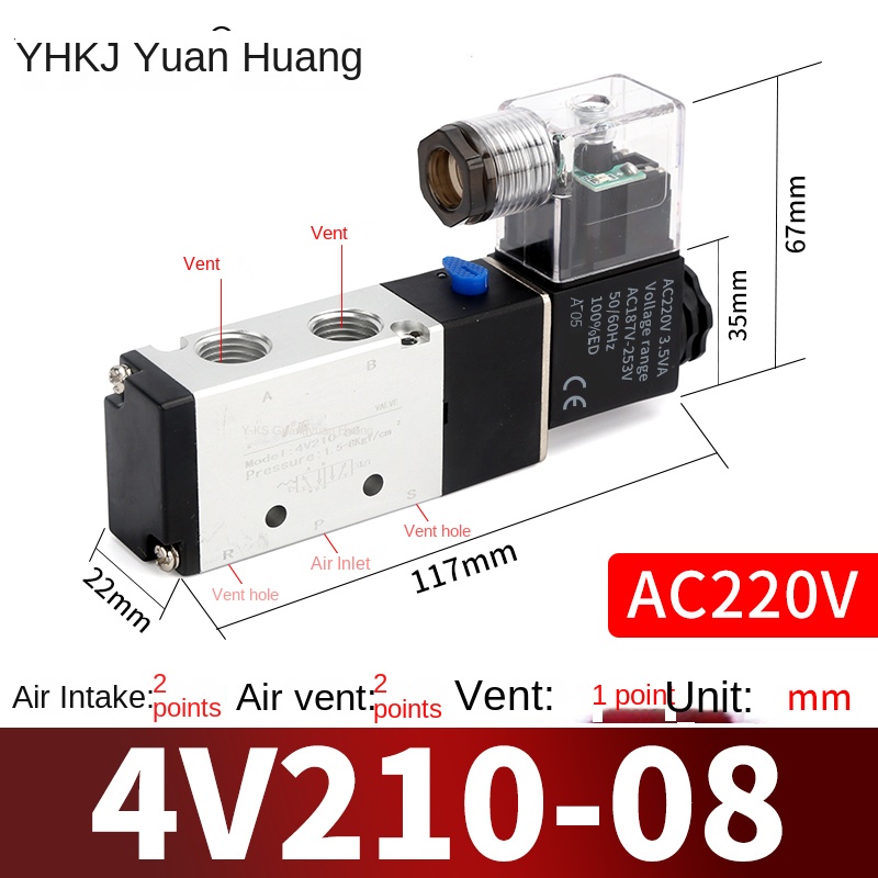 Van Điện Từ 4V210-08 - Đa Điện Áp, 2 Vị Trí 5 Cổng, Điều Khiển Khí Nén - 4v210-08-ac220v
