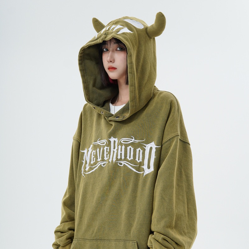 Áo hoodie Neverhood chất nỉ lót nhung dày dặn hoạ tiết thêu mũ có sừng form rộng dành cho nam nữ