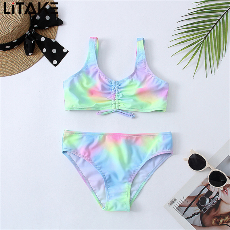 Infant Girl Bathing Suit Two Pieces Suit Chest Drawstring Design Baby Girl Swimsuit Tie-dye Pattern Swimwear Outdoor Summer Infant Baby Girl Bikini Set ราคา 222 บาท*ส่งฟรี