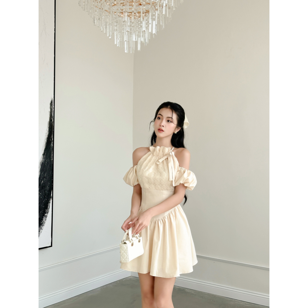 Váy đầm nữ trễ vai cổ yếm phối hoa thiết kế Eile Dress ELYSNIE