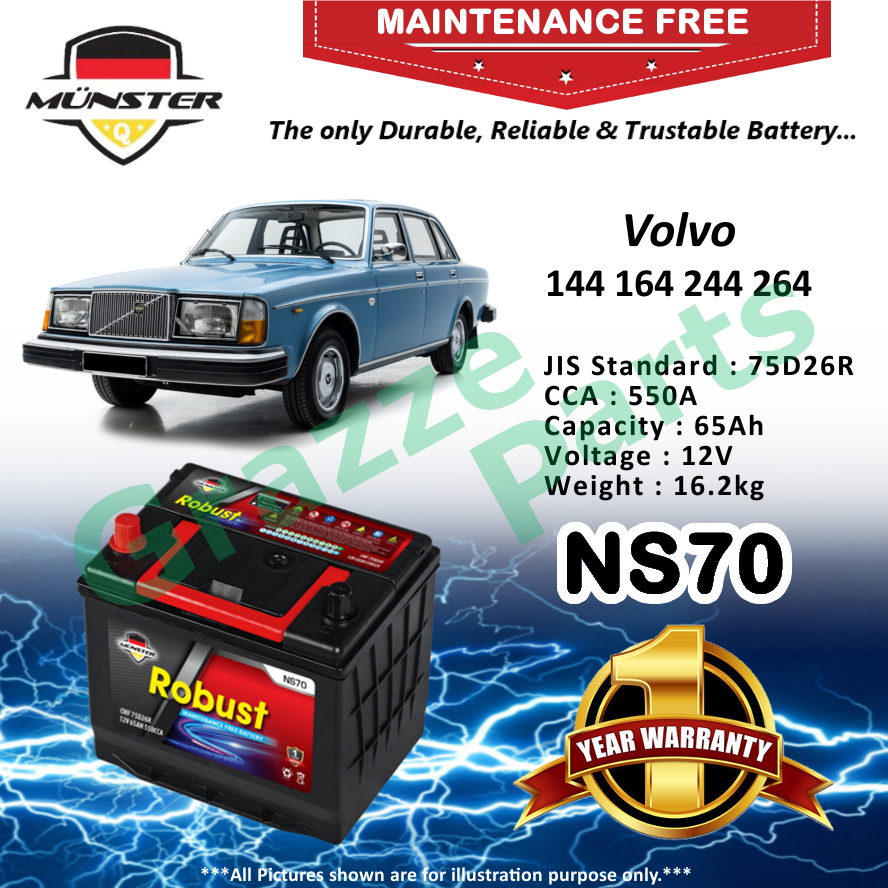 Mnster Robust MF CMF NS70 | NS70R | 75D26R (65AH) Car Battery Bateri Kereta for Volvo 144 164 244 264