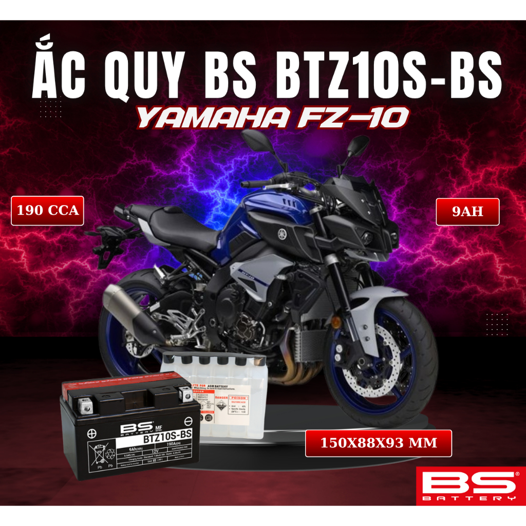 BÌNH ẮC QUY BS BATTERY BTZ10S-BS 190CCA YAMAHA FZ-10 (150 x 88 x 93 mm)