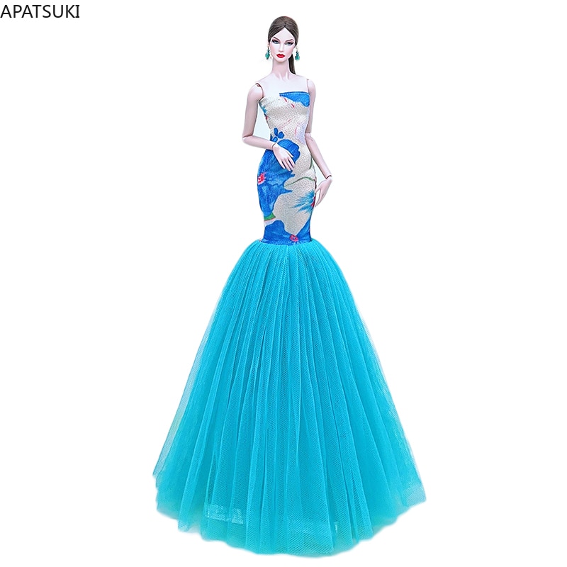 Blue Flower Wedding Dress for Barbie Doll Outfits Sleeveless Slim Lace