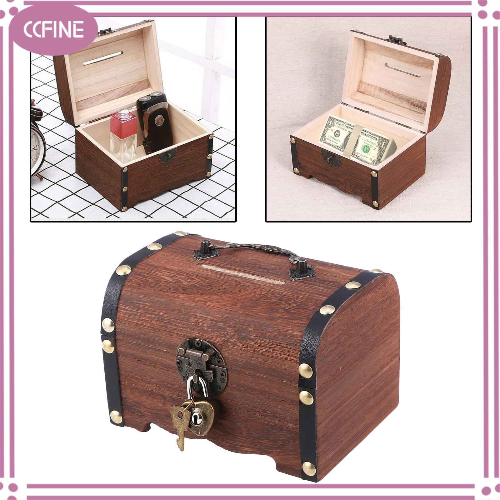 Ccfine hòm kho báu gỗ hộp lưu trữ, hộp tiền cổ điển, khóa ống heo đựng tiền hộp tiền mặt, quà tặng gỗ đặc đồ chơi trang trí nội thất trẻ em với khóa
