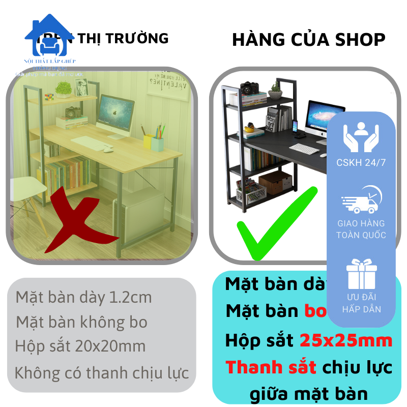 Bàn máy tính có kệ sách, bàn làm việc chân sắt mặt gỗ công nghiệp, bàn học liền kệ kích thước 100*48cm