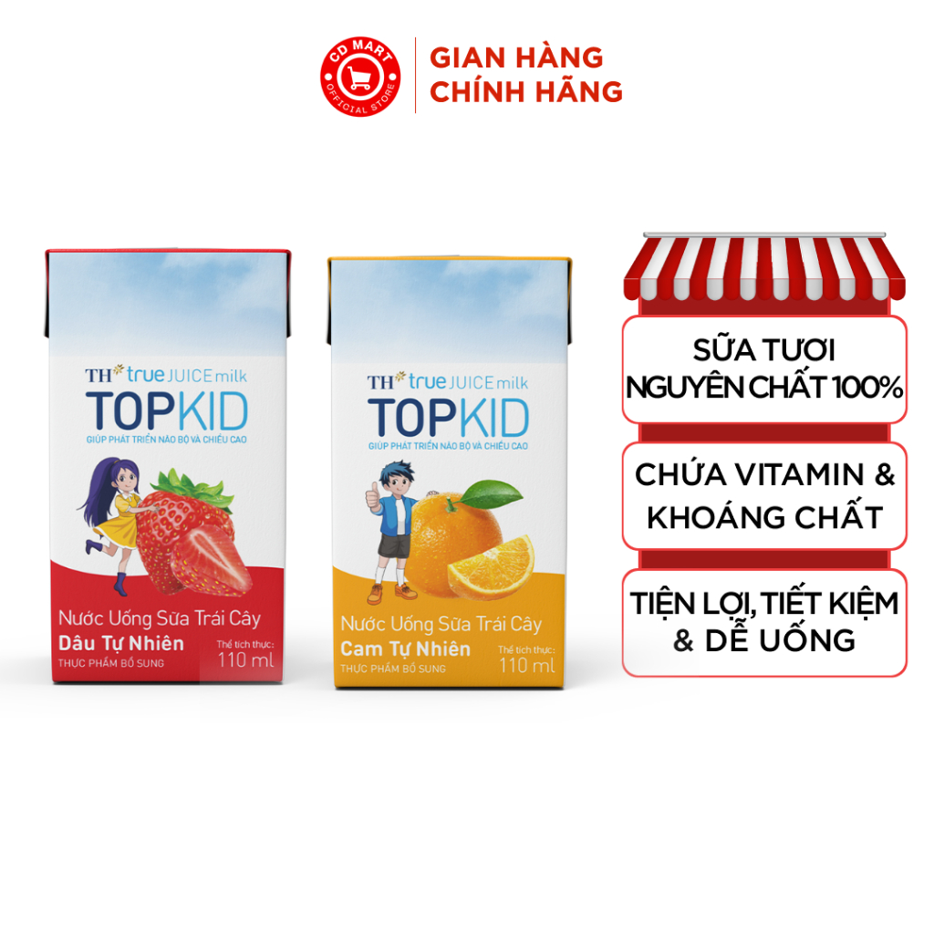 Thùng 48 hộp sữa trái cây TOPKID hương cam & dâu tự nhiên TH True Juice Milk 110ml (110ml x 48)