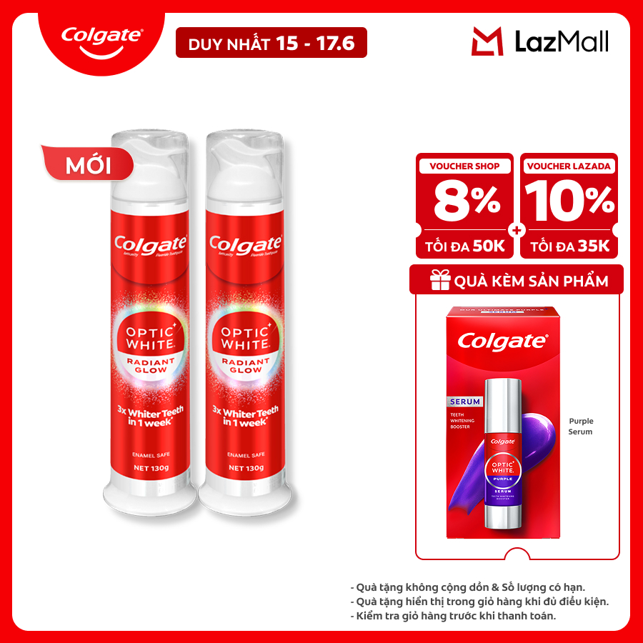 [MỚI] Kem đánh răng Colgate vòi nhấn thông minh Optic White Radiant Glow, trắng răng trong 7 ngày, khóa chân không hạn chế vi khuẩn 130g/ ống