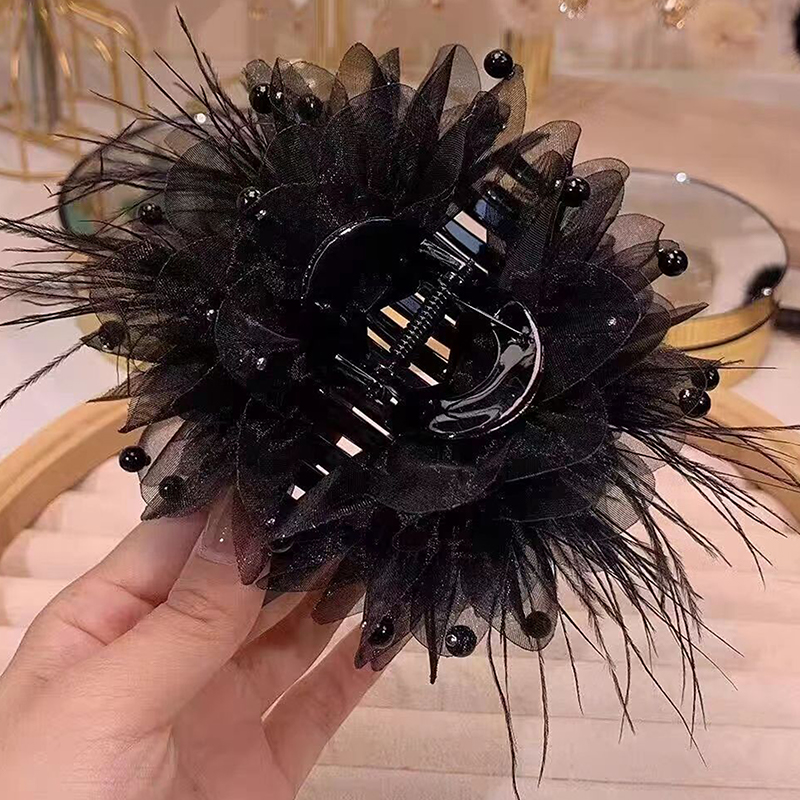 shiqinbaihuo Phụ nữ Hàn Quốc Thời Trang Lưới Hoa tóc phụ kiện Organza Ngọc Trai Đen lông Grip cá mập tóc Clip mũ nón