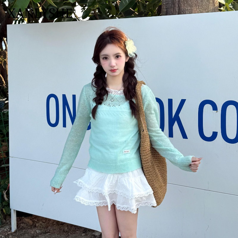 XANLYSHE มิ้นท์แมมโบ้ลูกไม้เย็บฉลุลายสำหรับผู้หญิงฤดูใบไม้ผลิและฤดูร้อนเสื้อเบลาส์กันแดดถักดีไซน์ใหม่ ราคา 153 บาท*ส่งฟรี