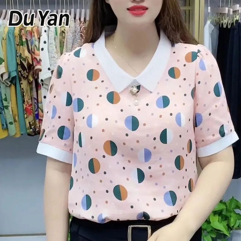 Du Yan Summer Dress Slimming New Western Style Middle-Aged and Elderly Shirt Mom Summer Oversized Printed Short Sleeves T-shirt ราคา 151 บาท*ส่งฟรี