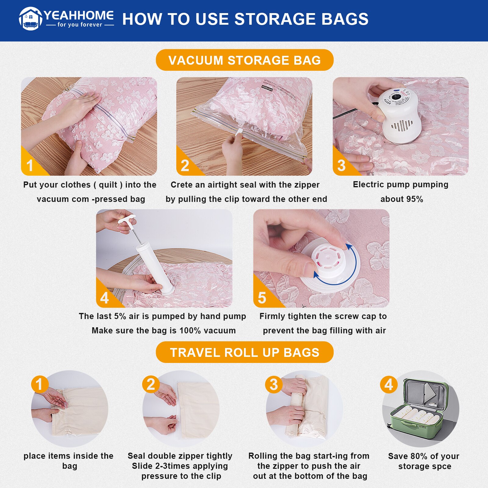 28PCs Vacuum Storage Bags with Electric Pump, 28 Pack (5 Jumbo, 5 Large, 6  Medium, 6 Small, 6 Roll Up Bags) Space Saver Bag, Vacuum Sealer Bags for  Clothes, Blanket, Duvets, Pillows, Comforters, Travel