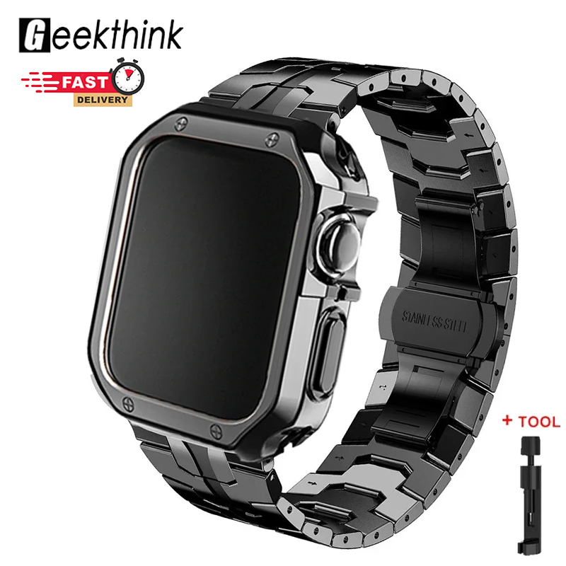 GEEKTHINK Luxury Metal Strap+Hollow TPU Case (no watch) for iWatch Ultra 2/1 49mm Series 10 46mm 42mm 9 8 7 6 SE 2 44mm 40mm 45mm 41mm Stainless Steel Band Cover ราคา 285 บาท*ส่งฟรี