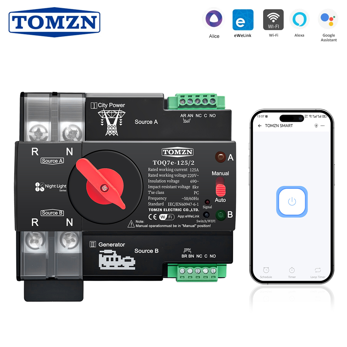 Din Rail EweLink wifi thông minh ATS hẹn giờ 230V năng lượng kép tự động chuyển công tắc bộ chọn điệ