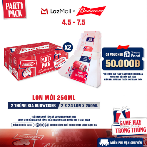 Combo 2 Thùng 24 Lon Bia Budweiser PartyPack Chính Hãng (250ml/lon)