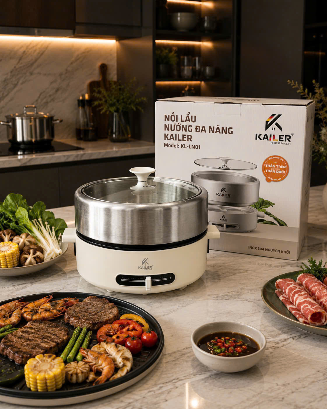 Nồi lẩu nướng đa năng Kailer LN01 Chất liệu Inox 304 Dung tích 4.5L công suất 1500W mạnh mẽ, an toàn, đa dụng