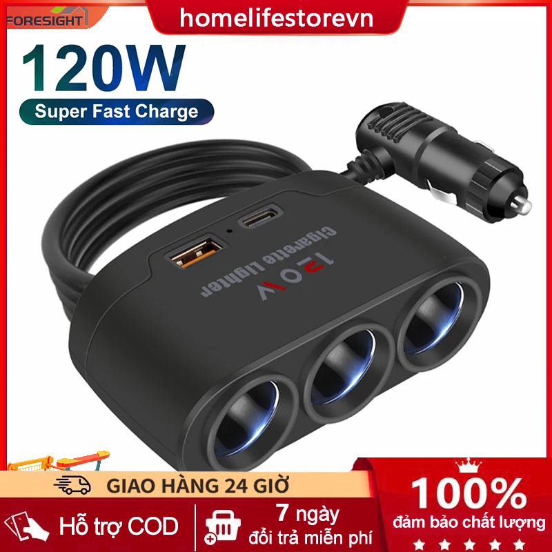 Tẩu Sạc Nhanh 120W 12V 24V 3 Cổng usb Có Đèn led Cho iphone ipad gps dashcam HOME