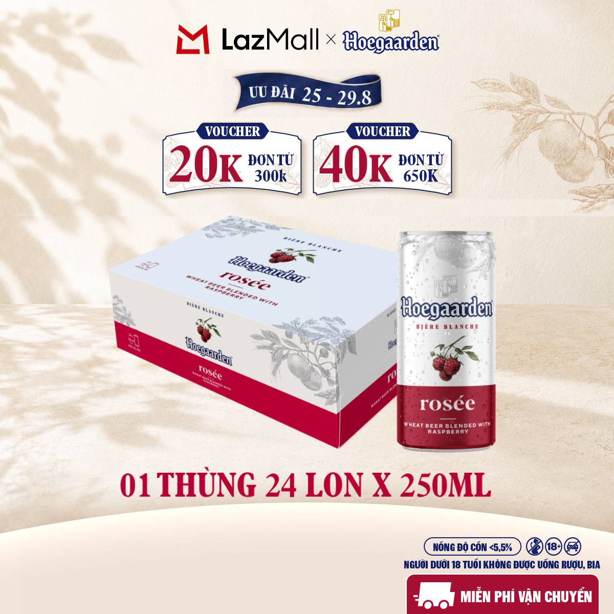Thùng 24 Lon Bia Hoegaarden Rosée (250ml/lon) - Hàng Mới Về
