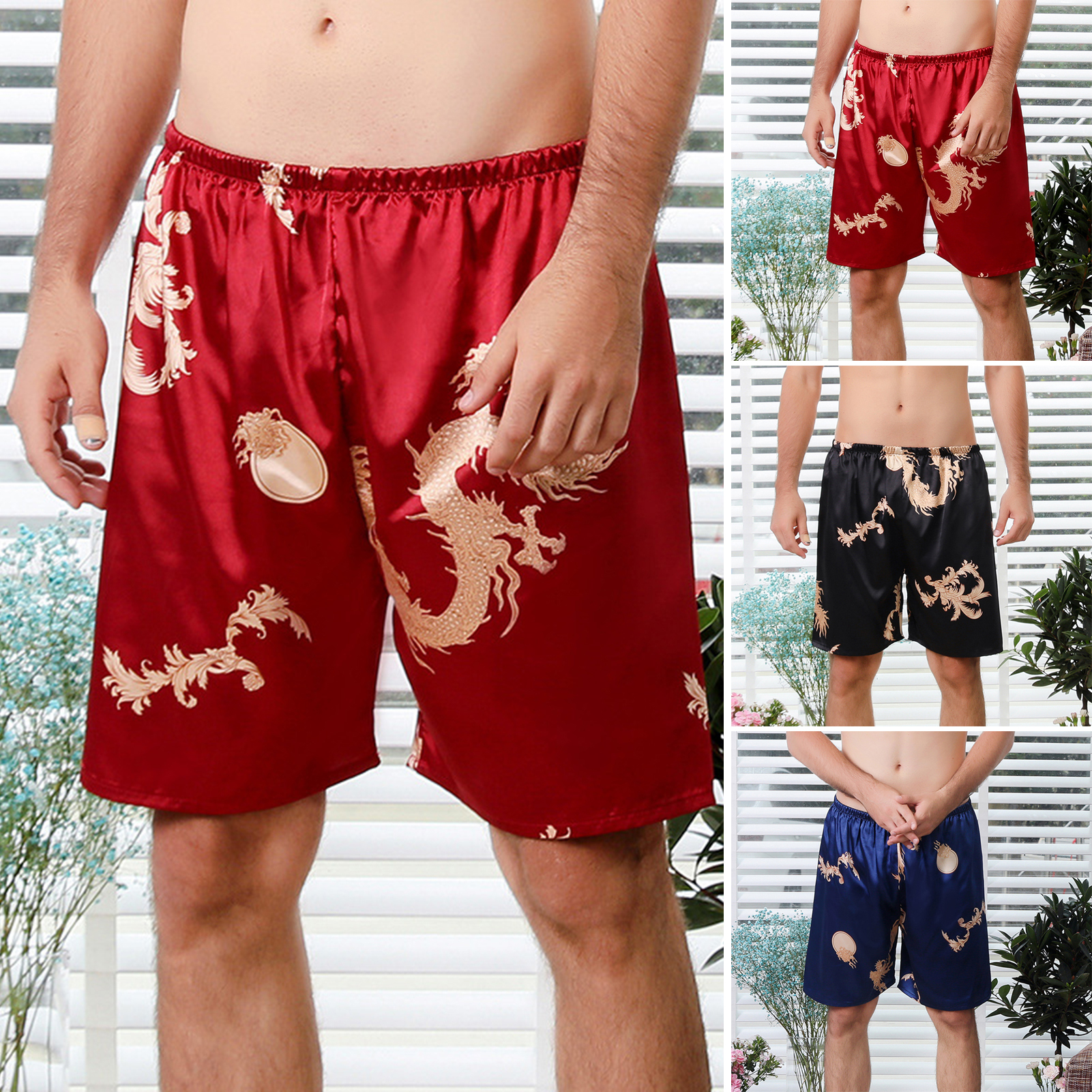 Gmbi quần short Pajama họa tiết rồng quần short Pajama họa tiết rồng nam mùa hè quần short mặc trong nhà thắt lưng co giãn bình thường Ống rộng phù hợp