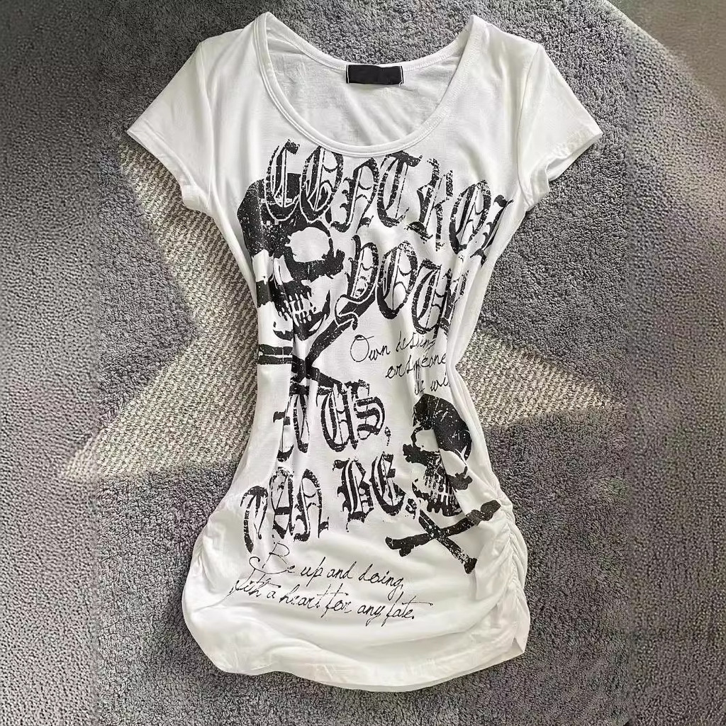 Ph nữ punk rock punk style high street skull in trong ngắn Skeeve