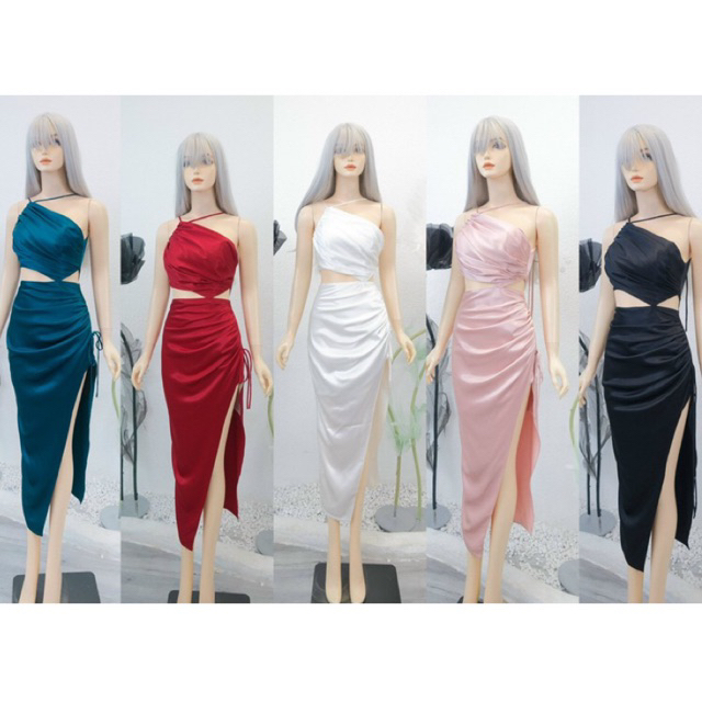 Đầm dự tiệc lụa cổ lệch khoét eo sang trọng hotgirl Jisan