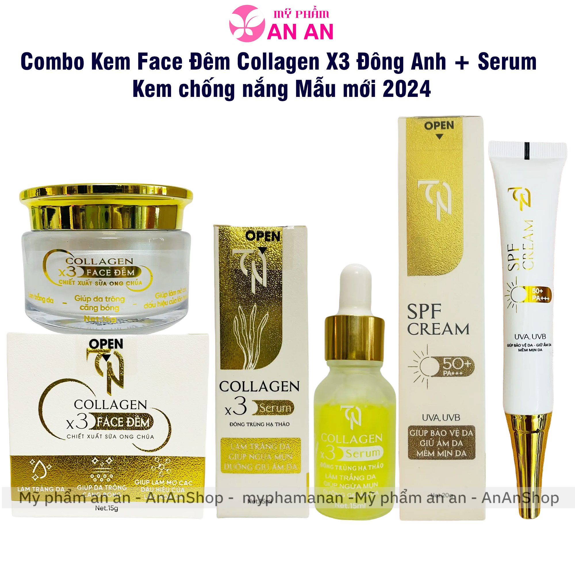 Combo kem face đêm collagen x3 đông anh, serum + kem chống nắng - mẫu mới 2024 chính hãng