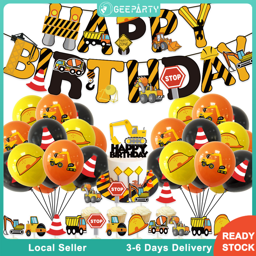 28pc Construction Truck Excavator Balloon Set - Includes 30inch Black Number Foil Balloon