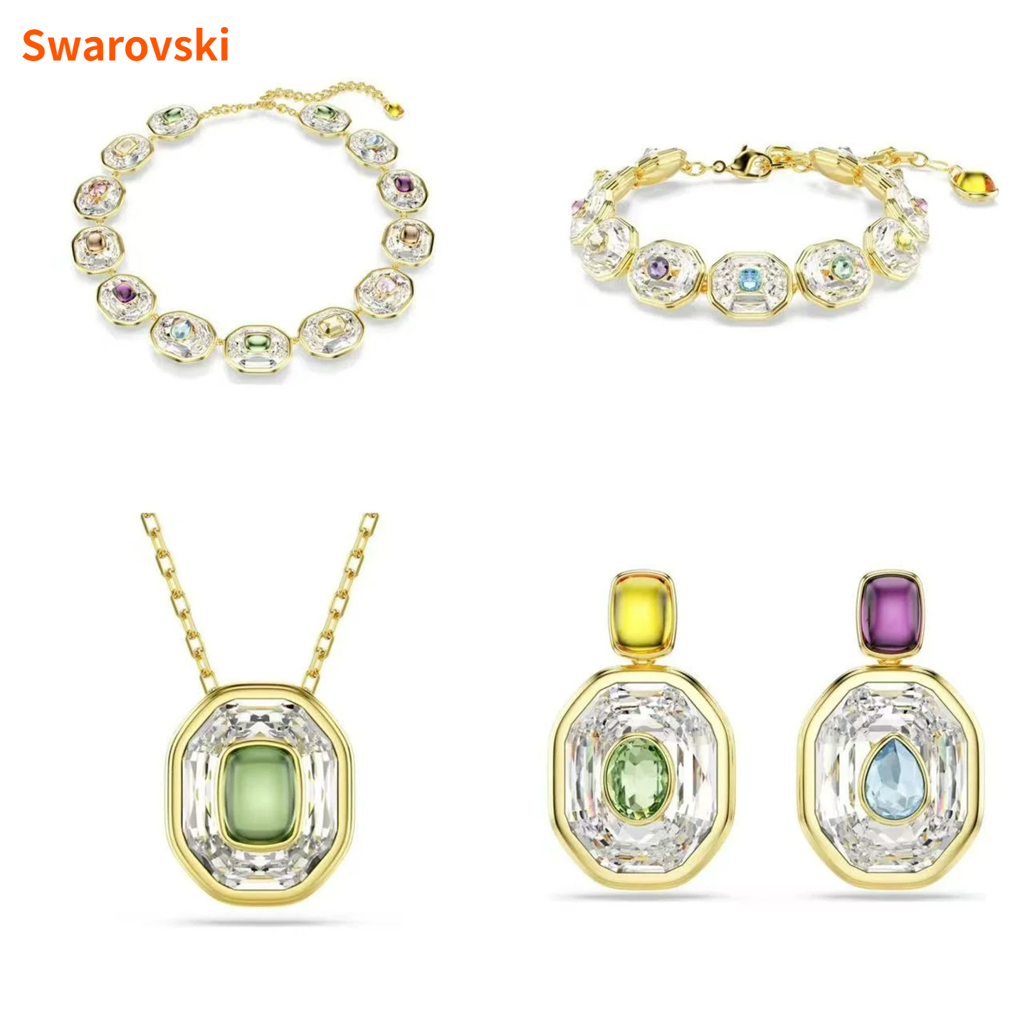 ชุดเครื่องประดับ Swarovski สินค้าใหม่ สร้อยคอไหปลาร้า สร้อยข้อมือ ต่างหู จี้เรขาคณิตหลายหน้า ประดับคริสตัลสีทอง สไตล์พรีเมียมหรูหรา ราคา 769 บาท*ส่งฟรี