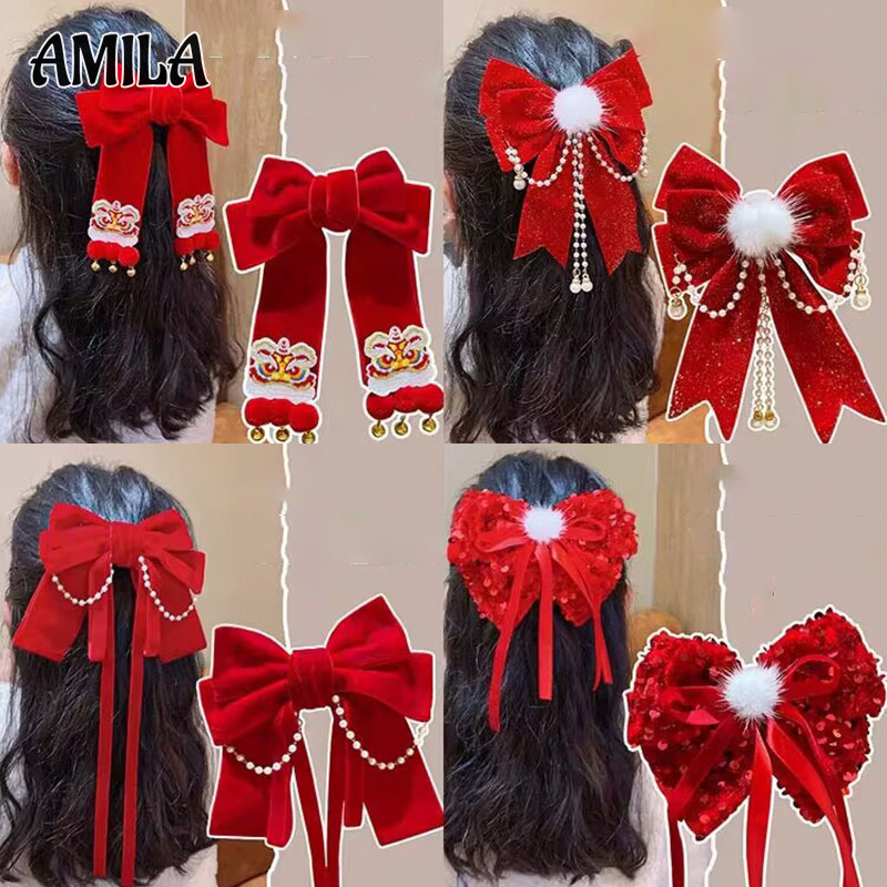 AMILA Red Hair Accessory Bow Hairpin Girls Hairpin Little Girl New Year s
