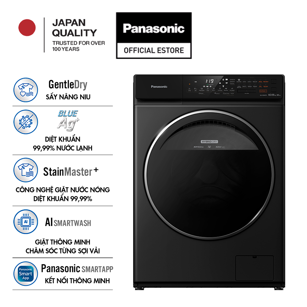 [GIAO SAU 04/05 - Chỉ giao miền Bắc] [Trả góp 0%] Máy Giặt Sấy Cửa Trước Panasonic 10,5 Kg giặt 6kg sấy NA-S056FR1BV - Diệt khuẩn đến 99.99% - Giặt sấy 2 trong 1- Bảo Hành 2 Năm - Hàng Chính Hãng (Đen)
