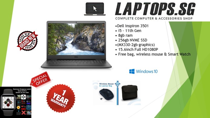 BRAND NEW Dell Inspiron 3501 / i5 - 11th Gen / 8gb ram / 256gb SSD / (MX330-2gb graphics) / 15.6inch Full HD1080P / Windows 10pro / Free bag, wireless mouse & Smart Watchspecial promotion 1YEAR WARRANTY