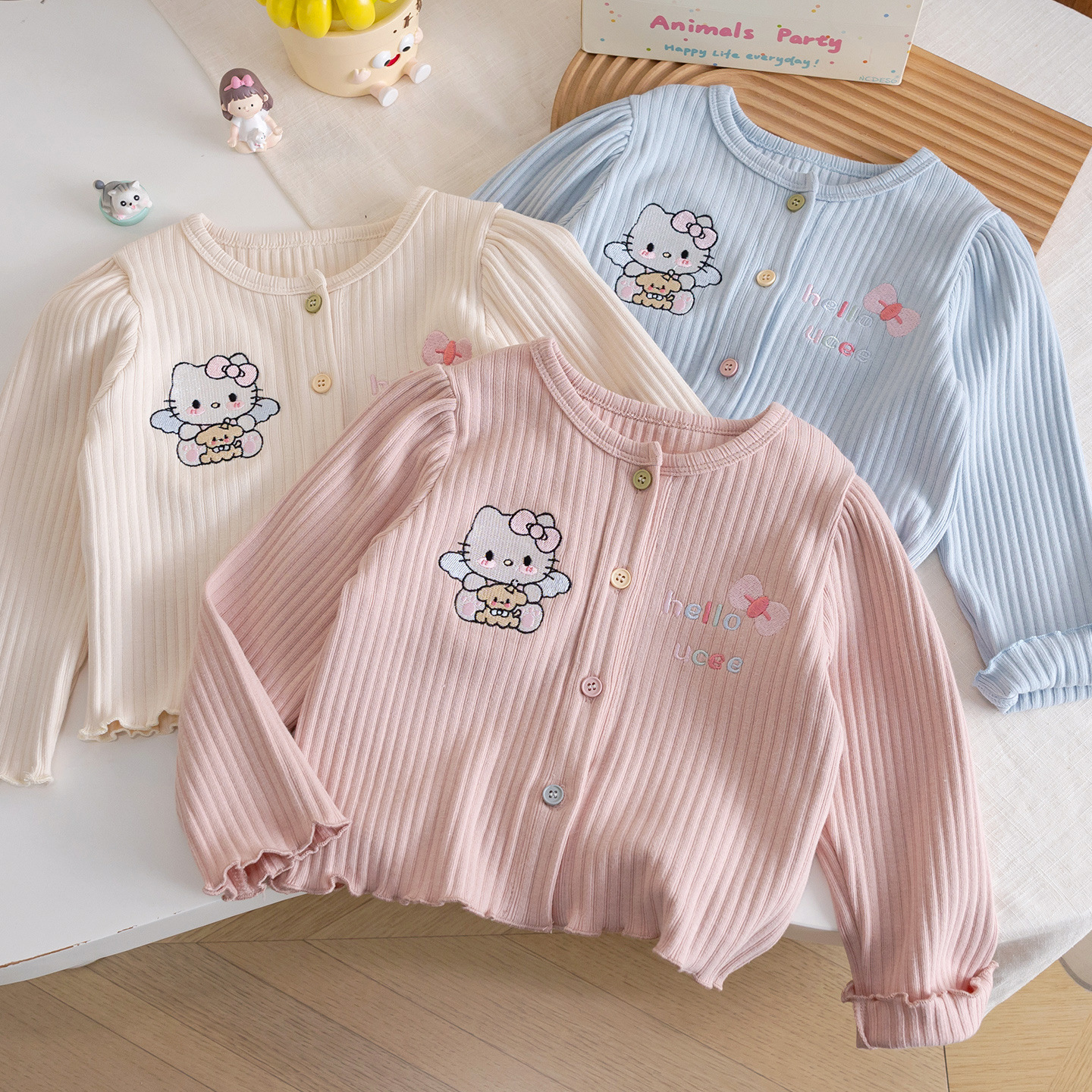 RA Gilrs Autumn Cartoon Hello Kitty Printed Knitted Cardigan Shirt Children Fashion All-Match Top AR