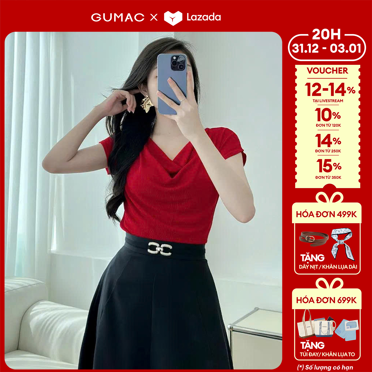  1.1 - 3.1| Voucher 10-15%  Áo thun nữ cổ đổ thời trang GUMAC ATE01031 