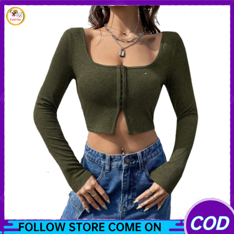 Women's U Neck Crop Top Single Row Clasp Long Sleeve Ribbed Knit Slim Fit Trendy Shirt Tees Soft Comfy Wear