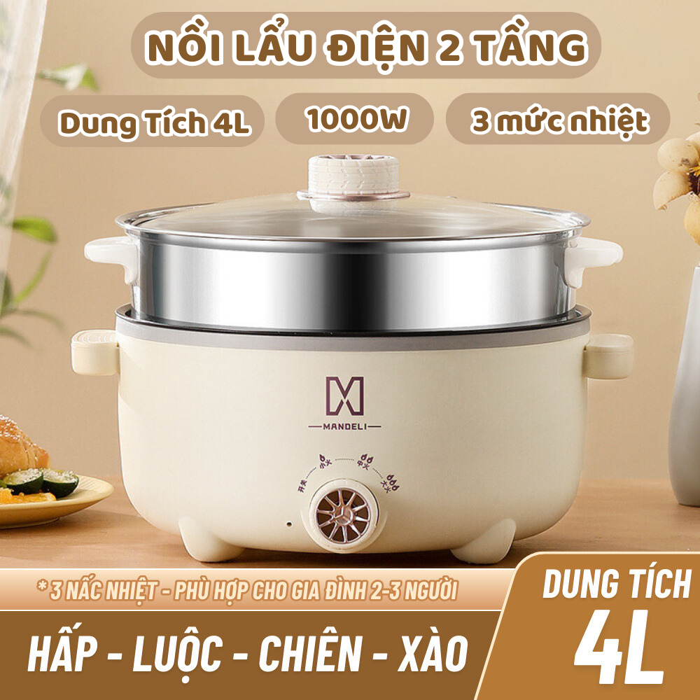 Nồi Lẩu Điện Mini MANDELI, Nồi Điện Đa Năng Kèm Xửng Hấp Inox Dung Tích 4L Phù Hợp Cho Gia đình 2-3 